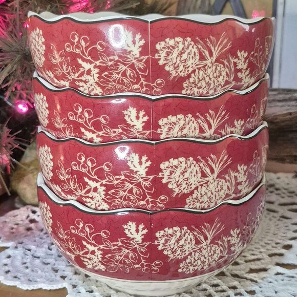 🎄 Set of 4 Red Porcelain Wavy Edged Bowls - White Pinecones & Grey Landscape - Picture 8 of 9